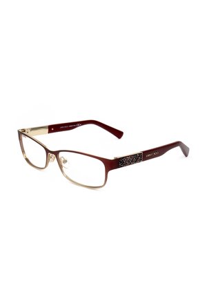 Occhiali rettangolari marroni con dettagli dorati, lenti trasparenti e cristalli neri decorativi sulle stanghette, marchio Jimmy Choo.