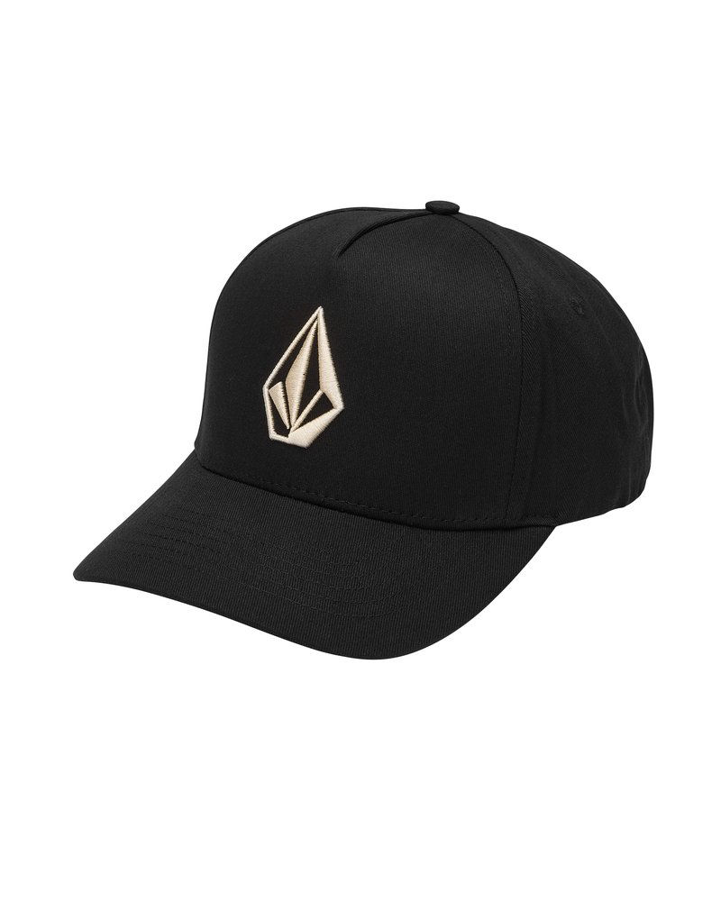 Casquette de baseball noire en tissu, avec un logo beige en relief à l'avant. Visière incurvée et bande réglable à l'arrière.