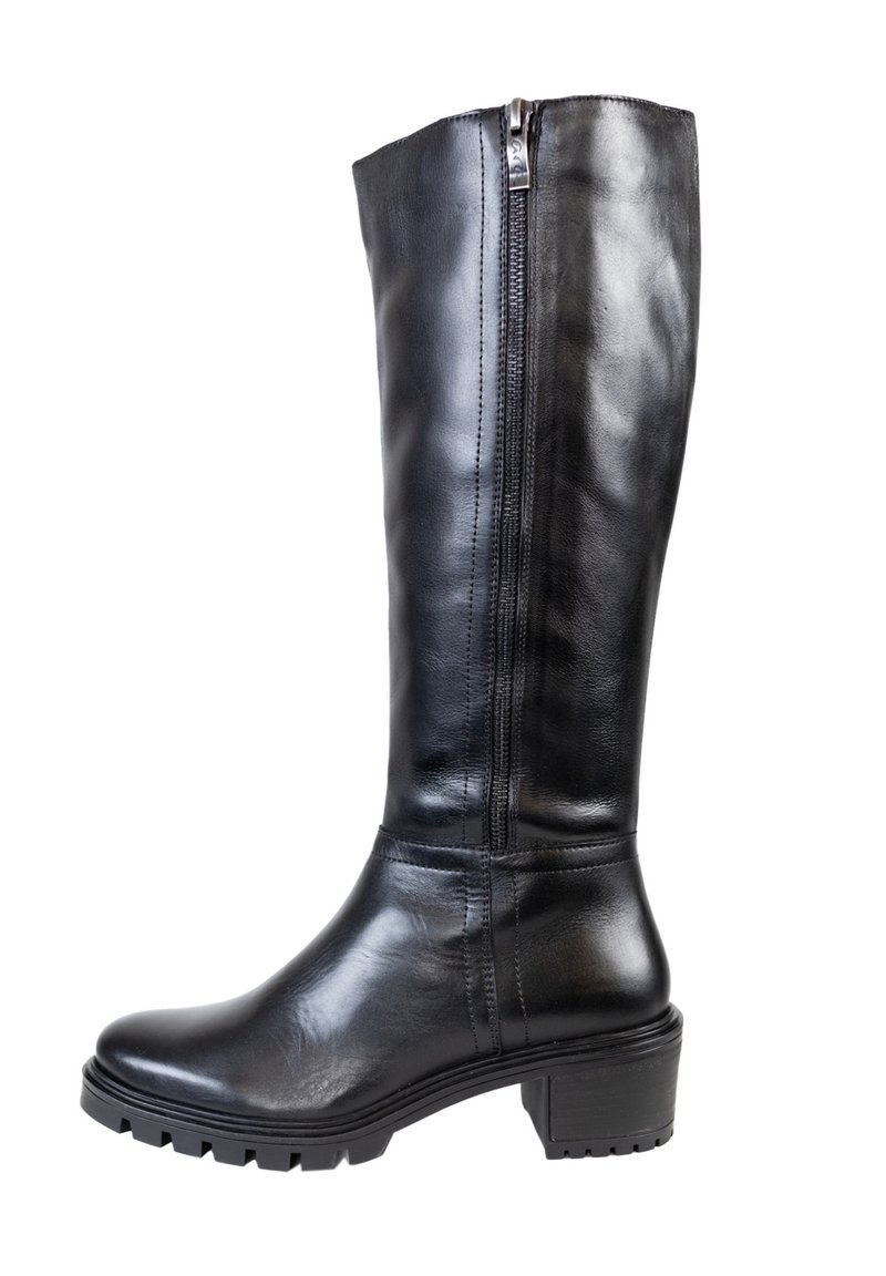 Black leather knee-high boot with a side zipper, smooth texture, chunky heel, and rubber sole. Features a rounded toe and subtle stitching details.
