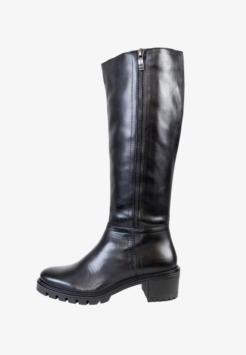 Black leather knee-high boot with a side zipper, smooth texture, chunky heel, and rubber sole. Features a rounded toe and subtle stitching details.