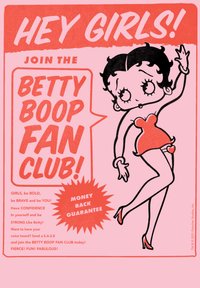Poster con un personaggio cartoon vintage, Betty Boop, in un vestito rosso, con testo in grassetto su uno sfondo rosa che promuove un fan club.