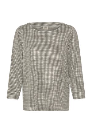 Top a maniche lunghe con motivo grigio e bianco, scollo quadrato e maniche allungate, realizzato in tessuto morbido e strutturato.