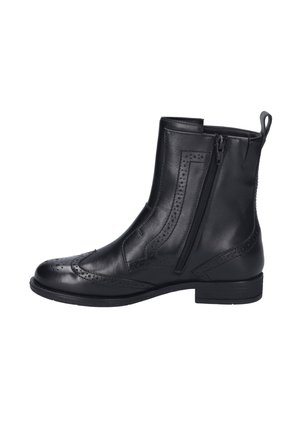 Bottine en cuir noir avec perforations décoratives, fermeture éclair sur le côté, petit talon, texture lisse et éléments de design structurés.