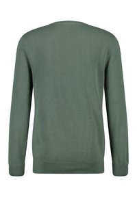 Grüner, leichter Pullover mit runder Halslinie, langen Ärmeln und elastischen Bündchen sowie Saum. Glatte Textur mit einem schlichten Design.