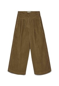 Braune weit geschnittene Cord-Ripp-Hosen mit hoher Taille, vorderen Falten, Seitentaschen und einem Knopfverschluss.