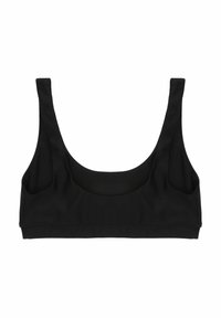 Czarny stanik sportowy z szerokimi ramiączkami i okrągłym dekoltem, bezszwowy design, wyeksponowany na białym tle.