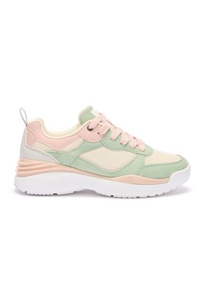 Lage sneaker in pastelgroen, roze en crème met mesh- en suèdepanelen, roze veters, een gevoerde kraag en een dikke witte zool.