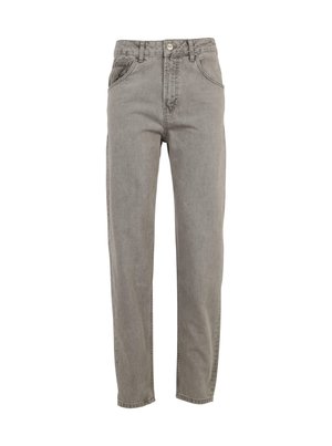 Pantaloni di denim grigi con vita alta, gamba dritta e texture sottile. Presentano tasche tradizionali e hardware metallico in vita.