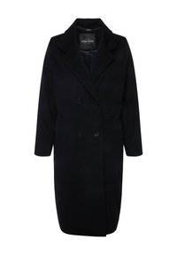 Cappotto doppiopetto blu navy con ampi rever, due tasche frontali e un tessuto morbido e strutturato. Le maniche sono leggermente ampie e di lunghezza media.