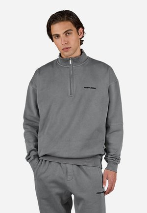 Gray pullover sweatshirt with a high collar, half-zip, and ribbed cuffs. Features a subtle logo in black on the front. Soft texture.
