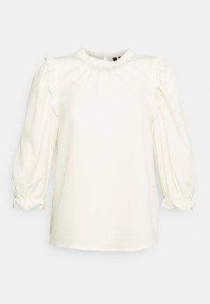 Weiße Bluse mit langen, gepufften Ärmeln, die rüschend akzentuierte Schultern und Manschetten aufweist sowie einem runden Ausschnitt. Glattes, leichtes Material.