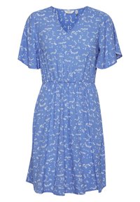 Blue floral dress with a V-neck and short flutter sleeves. The lightweight fabric features a scattered white floral pattern and an elastic waist.