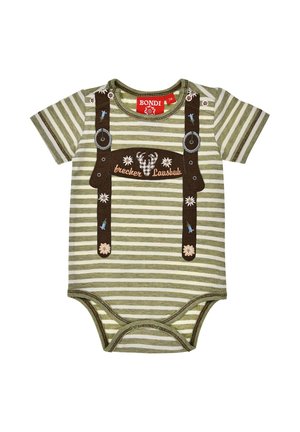 Grün-weiß gestreifter Baby-Body mit kurzen Ärmeln, braunem Hosenträger-Print, Blumenstickerei und dem Schriftzug "brecker Lausbuib" auf der Vorderseite.