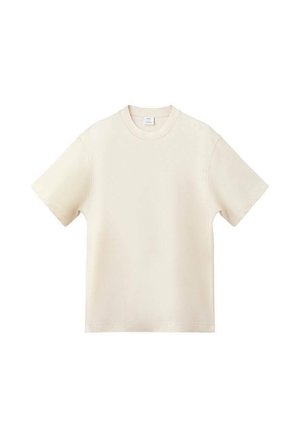 Crèmekleurig katoenen T-shirt, korte mouwen, ronde hals, ontspannen pasvorm, gladde textuur, geen patronen of accenten.