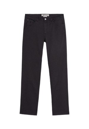 Czarne dżinsy denimowe o prostym kroju. Posiadają pięć kieszeni, szlufki na pasek oraz zapięcie na guzik z przodu. Gładka tekstura, minimalne detale.