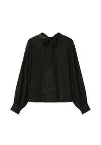 Zwarte kanten blouse met lange mouwen, strik aan de hals, gestructureerde stof en knoopdetails aan de manchetten. Korte lengte en doorzichtige uitvoering.