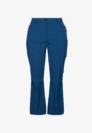 Modré venkovní kalhoty s rovně střiženým střihem, se zipovou kapsou na bocích, vyrobené z lehké a odolné tkaniny.