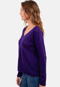 Lila V-Ausschnitt-Pullover aus weichem Strickmaterial, mit langen Ärmeln und einer dezenten Textur. Gerader Saum mit leichtem Rückfall.