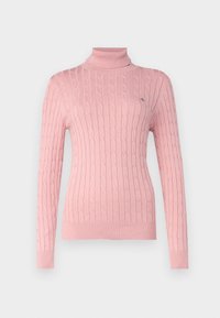 Pull à col roulé rose clair en tissu tricoté, avec un motif torsadé, une silhouette ajustée et des poignets et un ourlet côtelés.