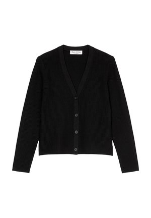Cardigan noir en maille côtelée avec manches longues, col en V et quatre boutons noirs sur le devant, étiquette Marc O'Polo au col.