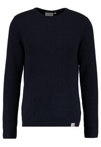 Granatowy sweter dzianinowy z okrągłym dekoltem, ściągaczami na rękawach i dolnym brzegu; posiada małą pomarańczową metkę logo na dolnej przedniej części.