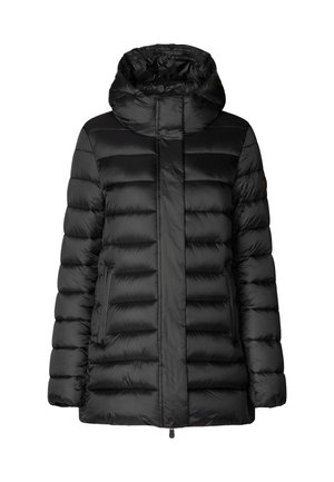 Giacca a puffo nera isolante con cappuccio, caratterizzata da un design trapuntato, due tasche laterali e una superficie liscia e lucida.