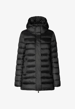 Schwarze isolierte Pufferjacke mit Kapuze, mit einem gesteppten Design, zwei seitlichen Taschen und einer glatten, glänzenden Textur.