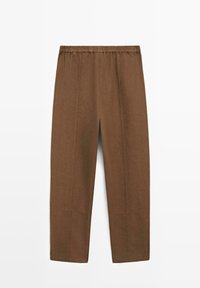 Pantalon à taille élastique marron avec jambes droites et coutures apparentes, présenté à plat sur un fond blanc.