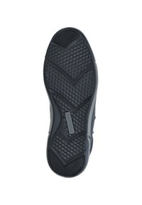 Sko sål med et struktureret design i sort gummi med et zigzag-mønster, flad form og producentens branding. Størrelse 42.