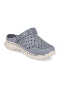 Gray rubber clogs with a textured diamond pattern, featuring a raised back and a cream-colored sole for stability and grip.