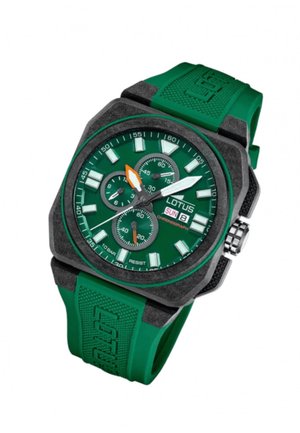 Reloj de goma verde con una caja octagonal negra. El dial redondo presenta tres sub-diales, índices horarios blancos y una aguja de los segundos naranja.