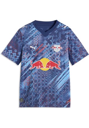 RB Leipzig voetbalshirt in blauw met rood-witte ster- en golfpatronen, Red Bull-logo in het midden en Puma-logo op de rechterborst.