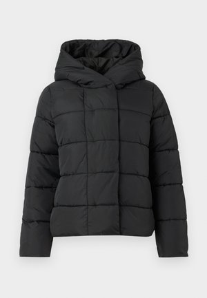 Svart vadderad jacka med huva, med en quiltad design, rak skärning och slät textur. Dragkedjelös framställning.