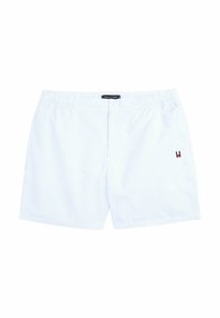 Shorts de bain pour hommes, bleu clair avec de fines rayures blanches, dotés d'une taille élastique et d'un détail de logo rouge et marine sur le côté.
