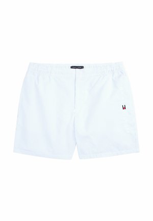 Męskie szorty kąpielowe, jasnoniebieskie z cienkimi białymi paskami, z elastycznym pasem i detalami logo w czerwonym i granatowym na boku.