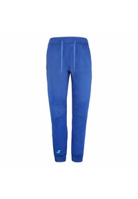 Blauwe sportbroek van zachte stof, met een trekkoord in de taille, taps toelopende pijpen en kniedeels accenten. Subtiele branding in lichtblauw.