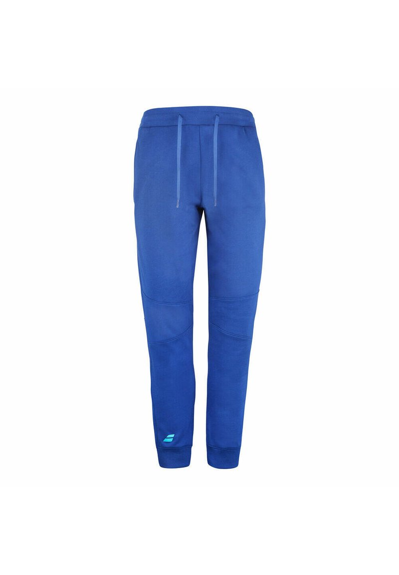 Blauwe sportbroek van zachte stof, met een trekkoord in de taille, taps toelopende pijpen en kniedeels accenten. Subtiele branding in lichtblauw.