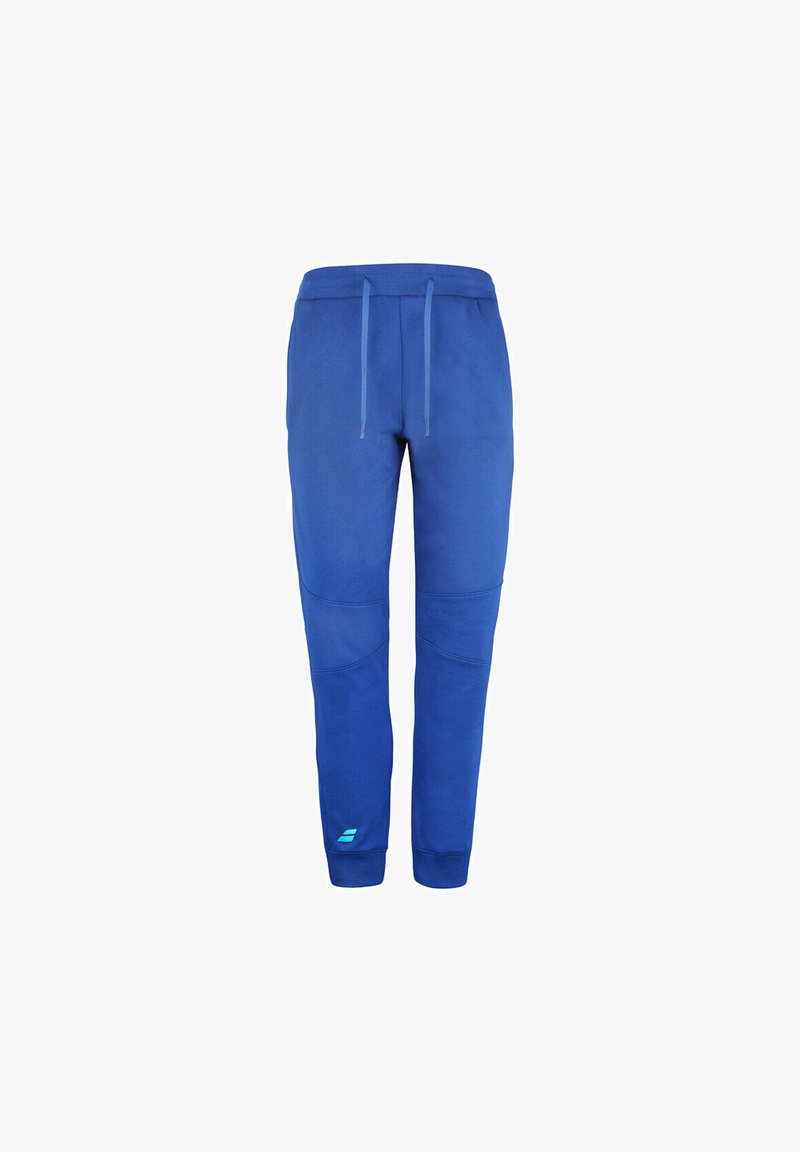 Blauwe sportbroek van zachte stof, met een trekkoord in de taille, taps toelopende pijpen en kniedeels accenten. Subtiele branding in lichtblauw.
