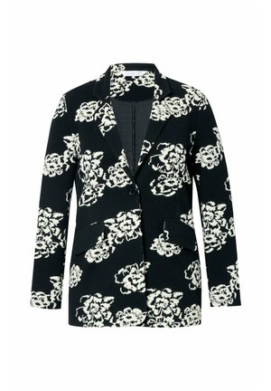 Sort blazer med et hvidt blomsterdesign, med slagkrave, to forlommer og et struktureret stofdesign.