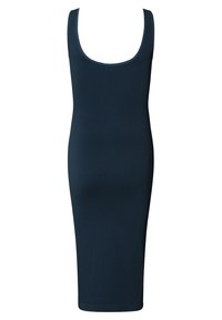 Robe midi côtelée de couleur marine avec un décolleté plongeant et une silhouette ajustée, fabriquée en tissu extensible pour le confort et la liberté de mouvement.