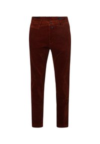 Corduroy trousers in rich brown, featuring a slim fit, front pockets, and a smooth texture with vertical ribbed patterns.