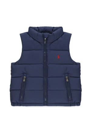 Gilet imbottito senza maniche blu navy con cerniera frontale, due tasche con zip e logo Polo Ralph Lauren rosso sul petto.