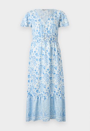 Blauwe maxi-jurk met paisleyprint, korte puffmouwen, V-hals, elastische tailleband en een gerimpelde zoom. De stof heeft bloemenmotieven.
