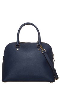 Borsa strutturata color blu navy realizzata in materiale testurizzato, con doppi manici, una tracolla e finiture color oro. Chiusura con cerniera sulla parte superiore.