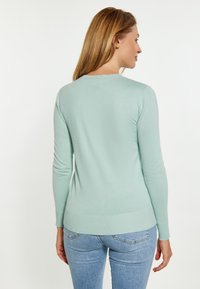 Lichtblauwe lange mouwen trui met een ronde halslijn, geribbelde zoom en manchetten, gemaakt van een zacht materiaal. Gedragen over denim jeans.