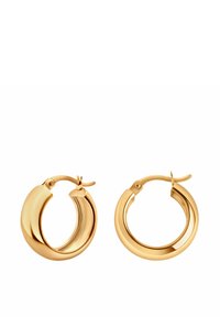 Złote kolczyki w kształcie obręczy z gładkim, wypolerowanym wykończeniem. Posiadają zaokrąglony, pusty kształt oraz bezpieczny mechanizm zapięcia.
