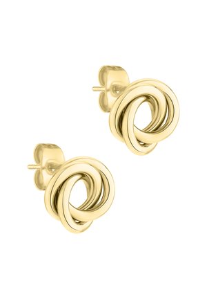 Boucles d'oreilles en métal doré avec des motifs circulaires entrelacés et une finition lisse. Fermeture à tige.