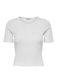 White ribbed short-sleeve top with a round neckline and a cropped length, featuring a textured fabric and wavy hem detail.