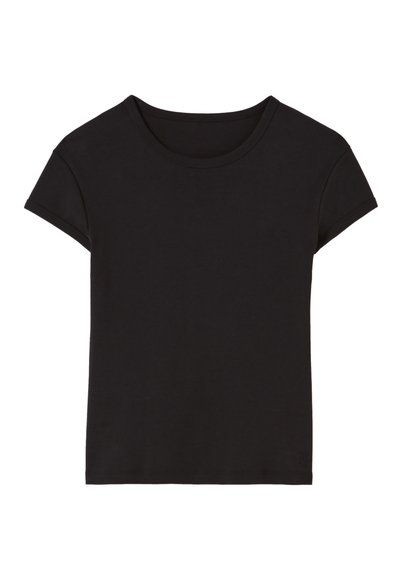 T-shirt en coton noir à manches courtes, col rond et coupe décontractée. Texture lisse, sans motifs ni accents visibles.
