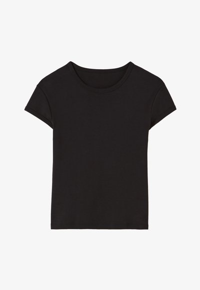 T-shirt en coton noir à manches courtes, col rond et coupe décontractée. Texture lisse, sans motifs ni accents visibles.